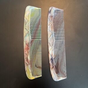 Celluloid Combs 5" Vintage Marbleized  Made In USA Set Of 2